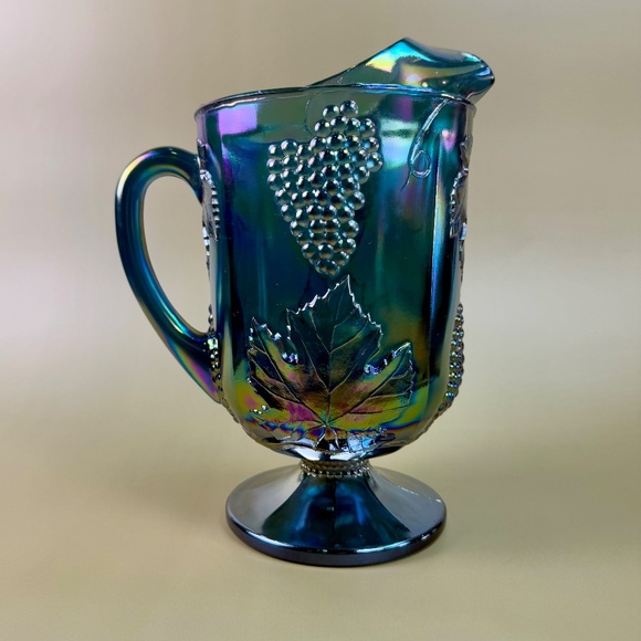 Indiana Glass Other - Vintage Indiana Glass Blue Carnival Grape Vine Pitcher | Iridescent Pedestal